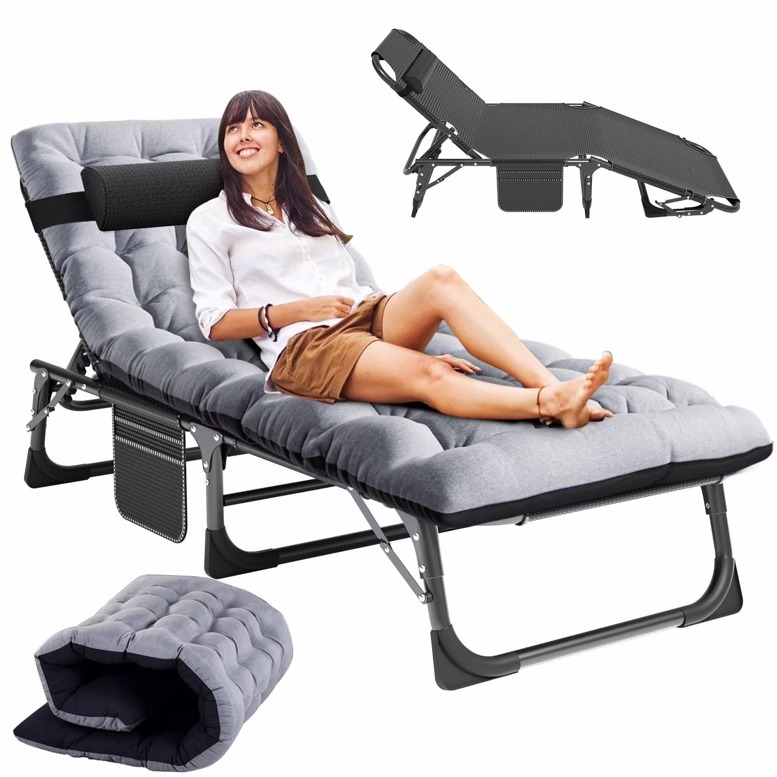 MOPHOTO Lounge Chair with Mattress, Outdoor Chaise Lounge Support 440 Lbs, Adjustable Portable Heavy Duty Sleeping Cots Bed for Camping, Pool, Beach, Patio - Image 3