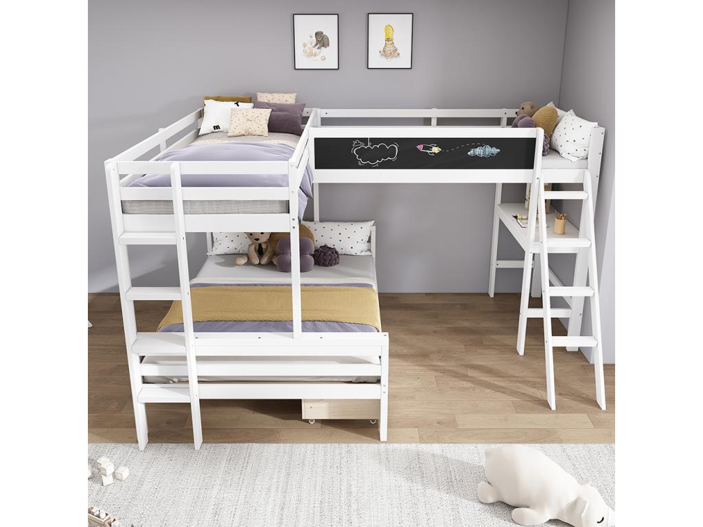 Cama infantil mezzanine, para tres niños, con escritorio y estantería, 140*200cm, 90*200cm, blanco