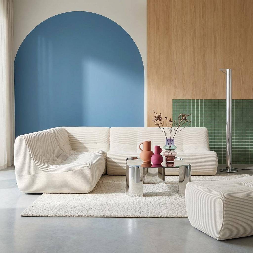 Sokol pana - Sofá esquinero modular con reposapiés de terciopelo acanalado, 5 plazas