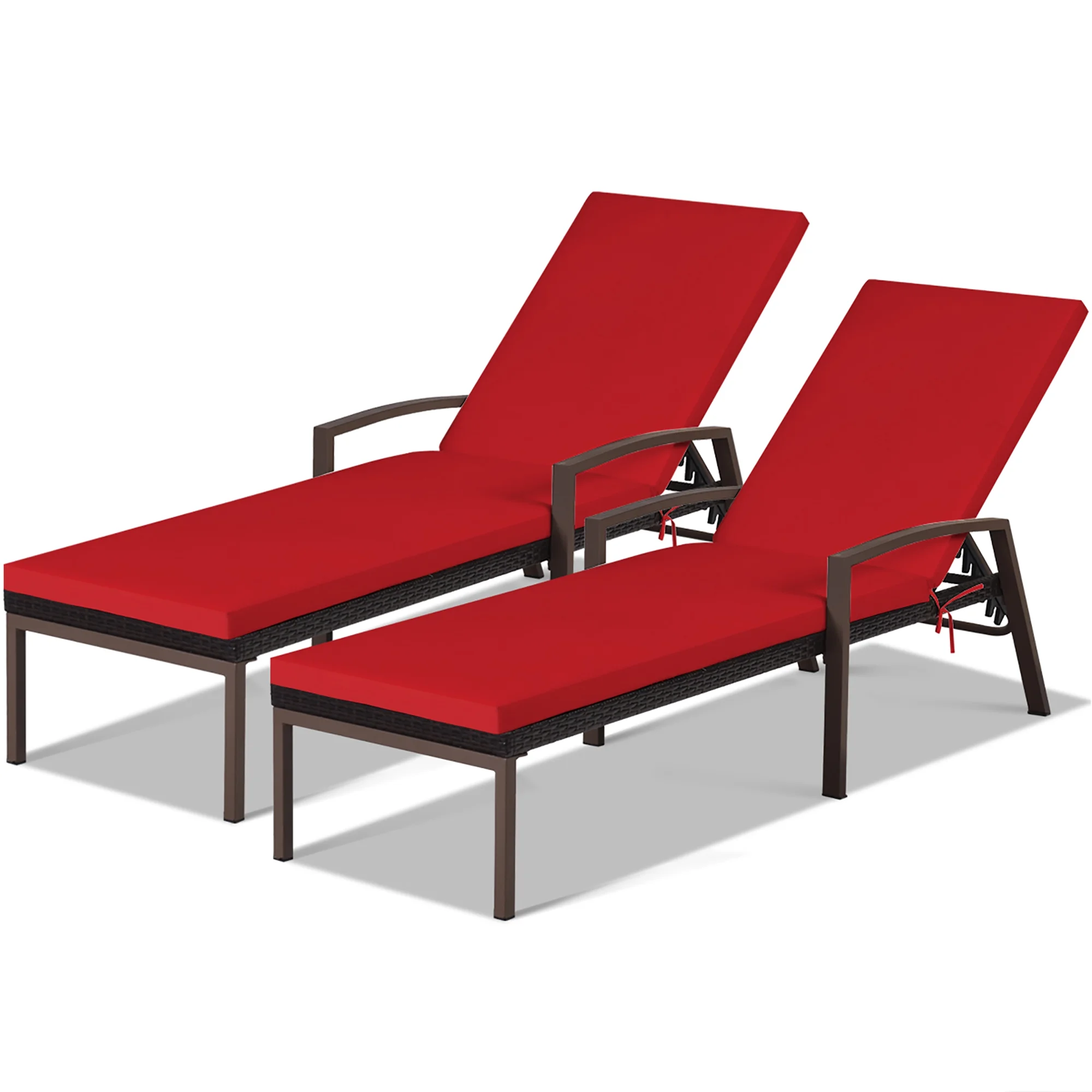 Costway 2PCS Patio Rattan Lounge Chair Chaise Recliner Back Adjustable Cushioned Red - Image 2