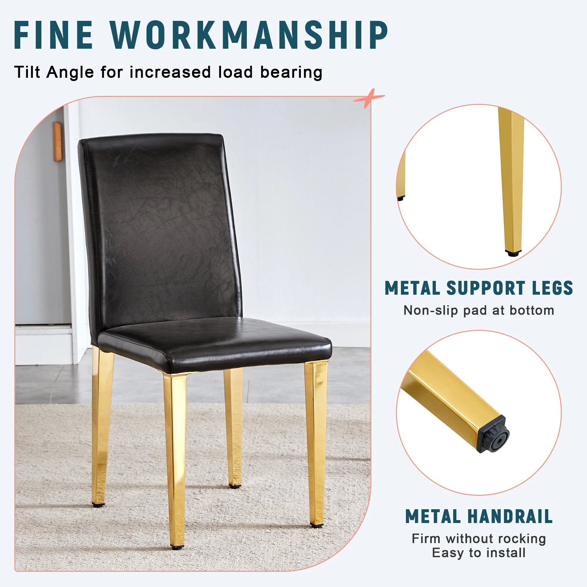 Set of 4 black PU leather backrest chairs with gold metal legs -A perfect pairing, ideal for minimalist and modern home decor styles, with product dimensions of 16.2*18.5*34.6 inches. - Image 8