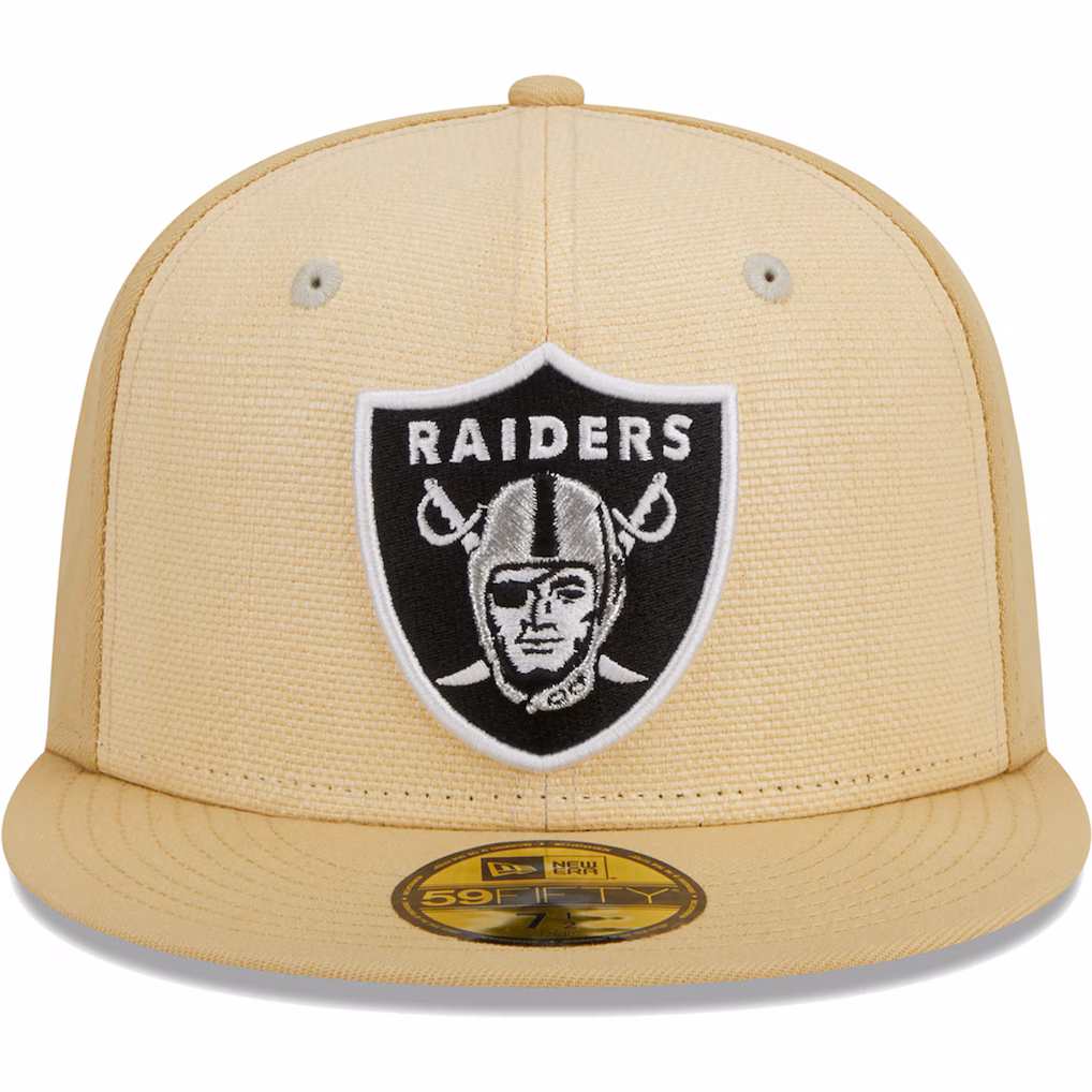 Front view of the khaki Las Vegas Raiders 59FIFTY fitted hat highlighting the textured raffia front panels and raised embroidered team logo.