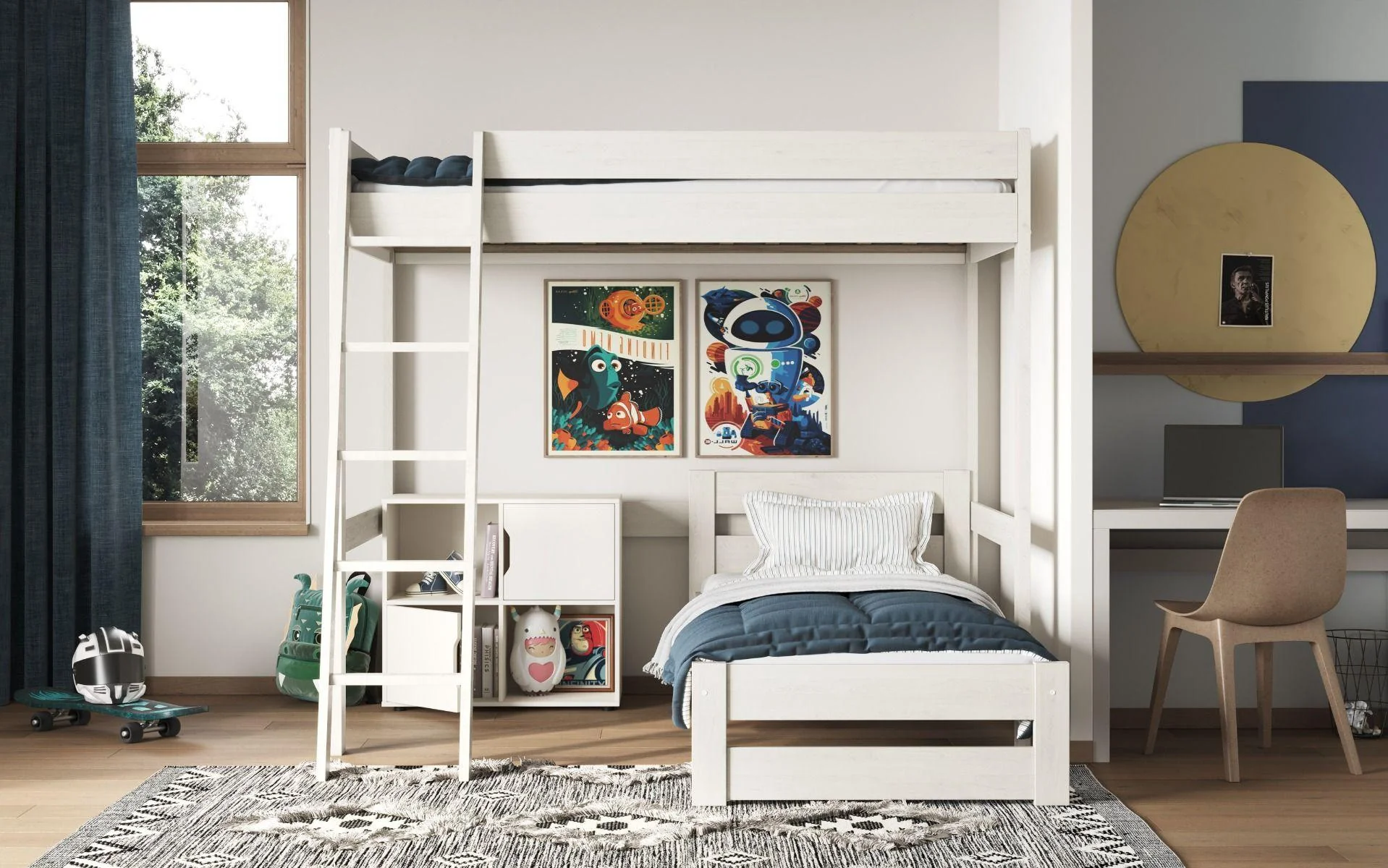 Cama alta con cama inferior independiente de madera maciza blanca – Diseño funcional para habitaciones juveniles