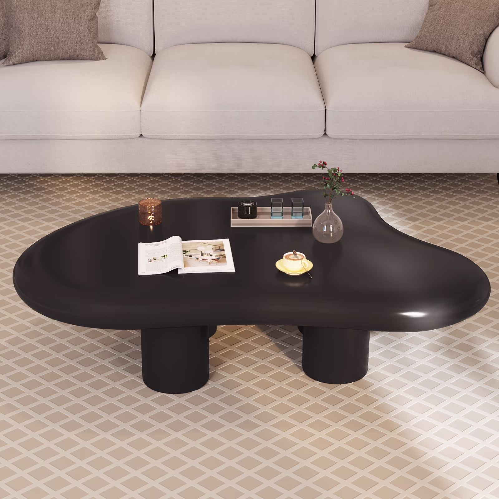 Guyii Cream White Coffee Table with 4 Legs, Irregular Side Table, Modern Wood Tea Table for Living Room, Apartment, Office