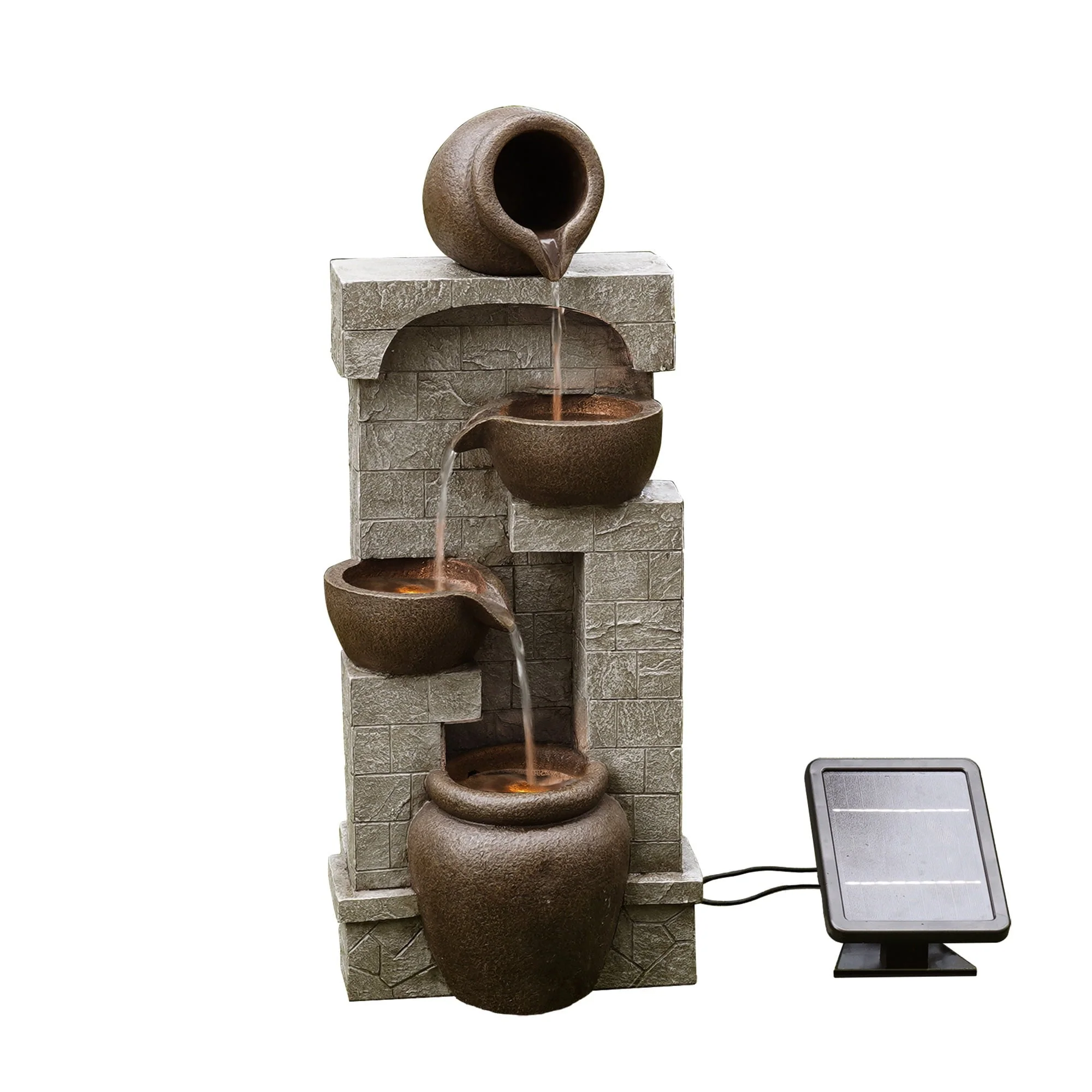 Teamson Home 28.5" Solar Powered 4-Tier Cascading Bowls & Stacked Stones Garden Water Fountain with LED Lights, Brown - Image 5