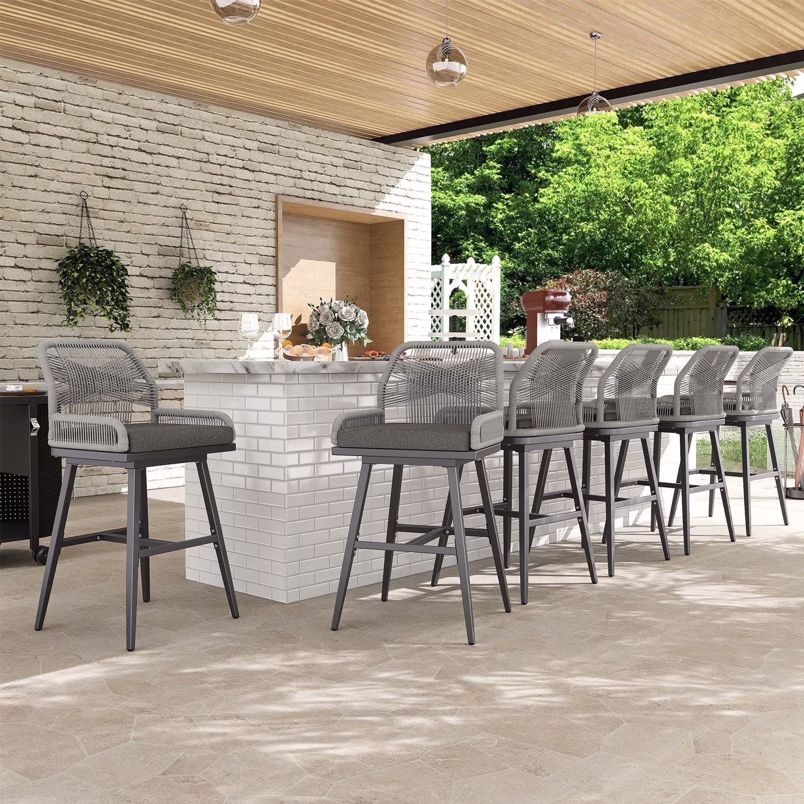 MEISSALIVVE Set of 2 Rattan Swivel Bar Stools, 26" Counter Height with Woven Rope Back, Cushioned Patio Bar Chairs for Kitchen, Garden, Beige - Image 3