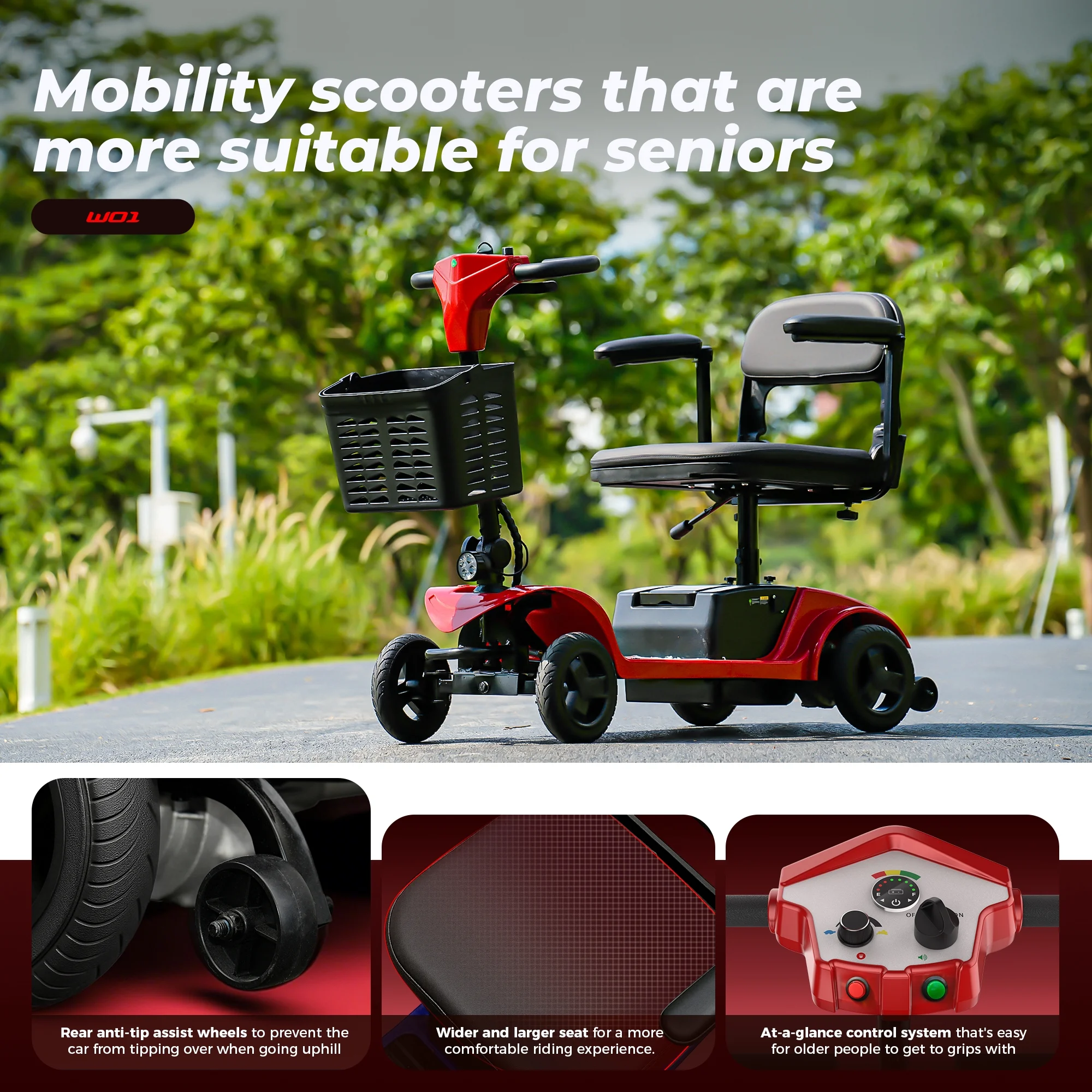 iScooter 4 Wheel Mobility Scooter for Seniors, Wider Seats & Foldale Electric Wheelchair Device for Travel, Upgraded for Superior Performance, Red - Image 5