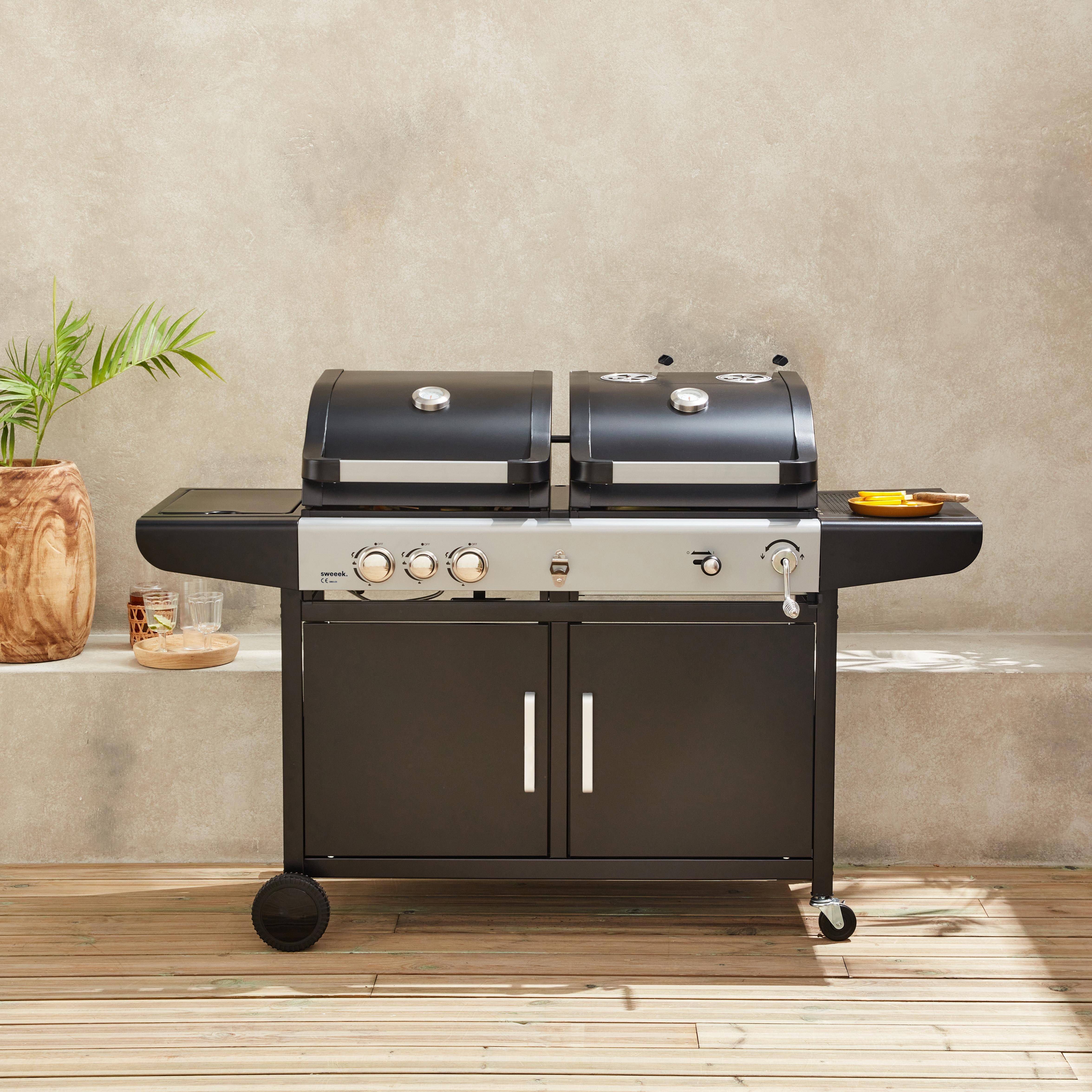Marsac con funda - Barbacoa 2 en 1 gas y carbón, 3 quemadores con fuego lateral