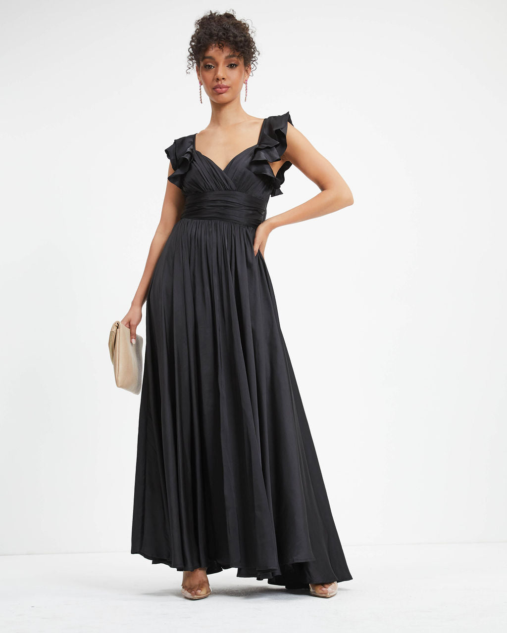First Class Satin Ruffle Cutout Maxi Dress - Black - FINAL SALE - Se7enfashion