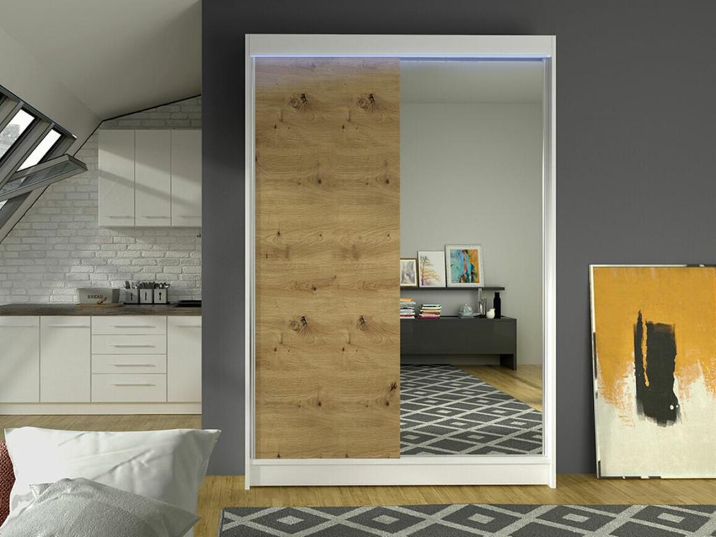 Armario Confortzx 147 - Blanco - Roble Artisan - 200x120x58cm - Puertas de armario Correderas