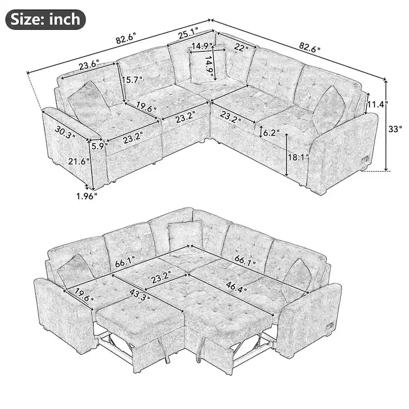 82.6-Inch L-Shaped Sleeper Sofa with Pull-Out Feature, Wheels, USB Ports, and Power Sockets - Dimensions: 82.6W x 82.6D x 33H