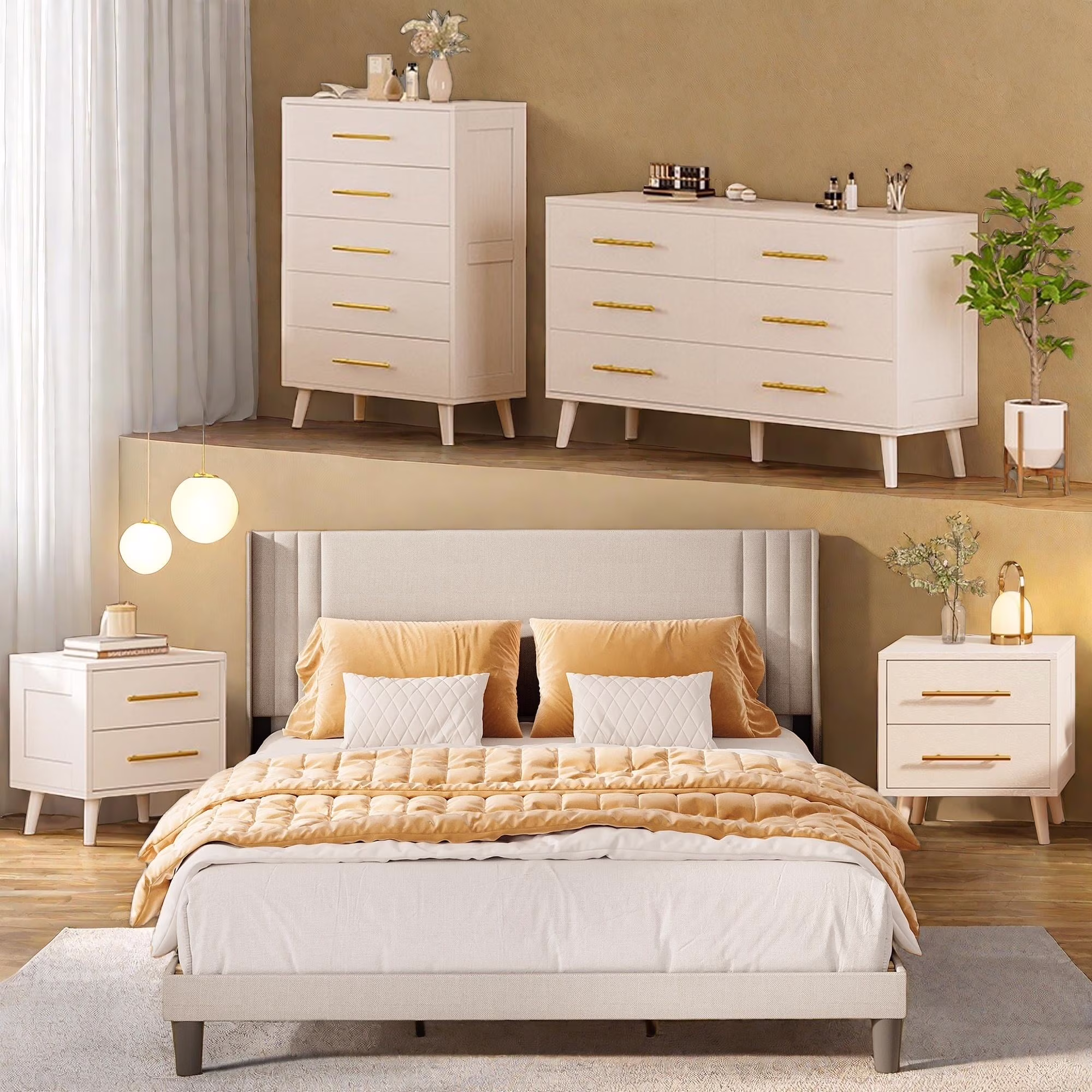 Bedroom Furniture Set - Includes Queen Bed Frame, Nightstands Set of 2, 5 - Drawer Dresser & Double Wide 6 - Drawer Dresser - Modern Storage Solution for Stylish Home Decor, Black