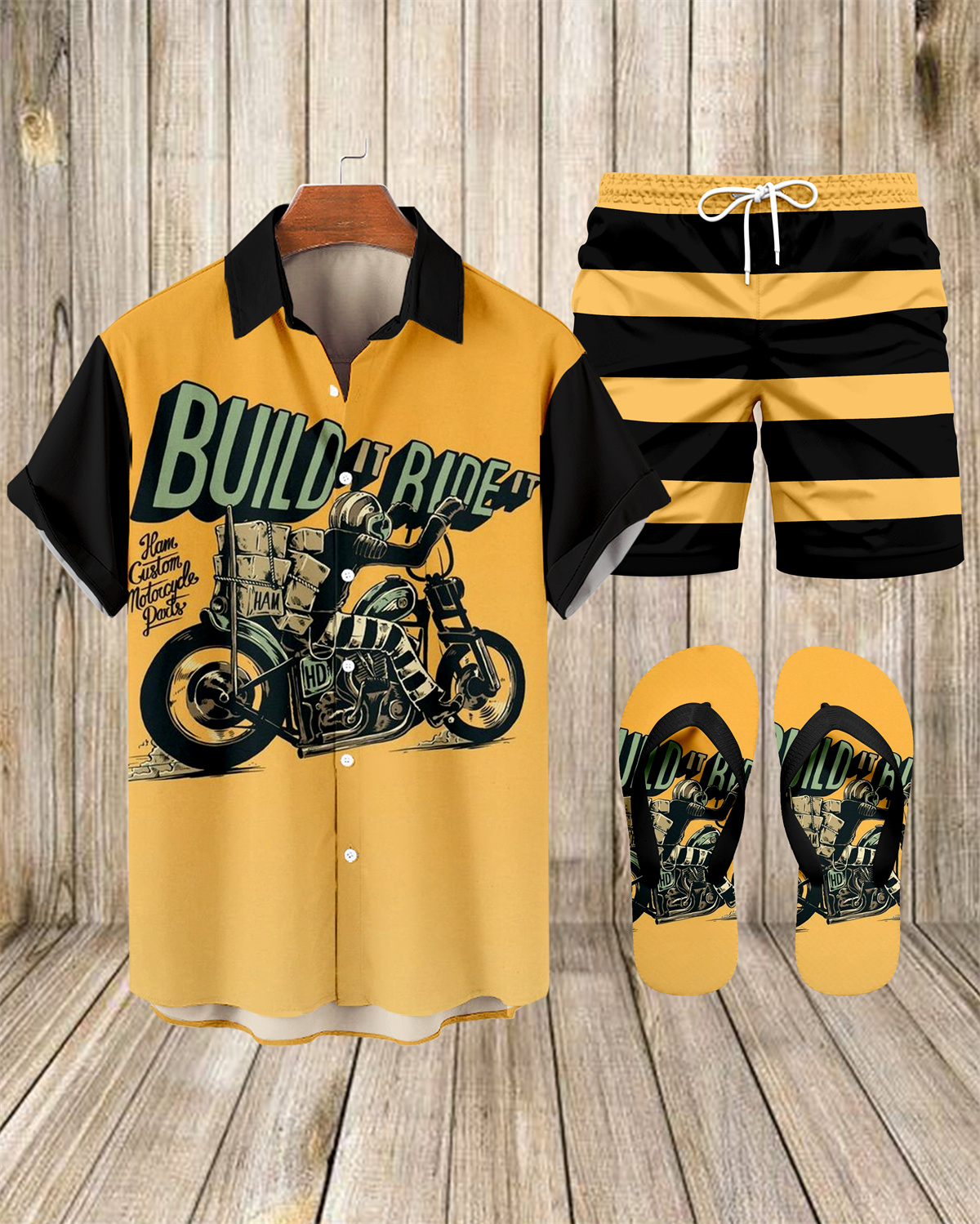 Suitmens Men's Modified Motorcycle Print Shirt Three-Piece Set 070