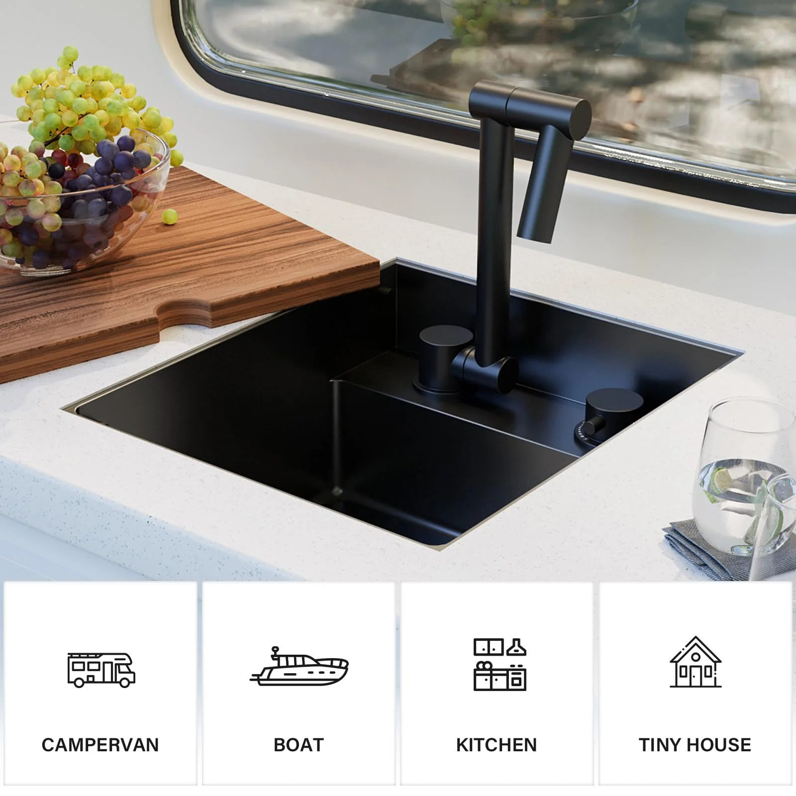TORVA RV Kitchen Sink, 13 x 15 x 7 Inch Undermount Bar Sink 16 Gauge Stainless Steel Single Bowl Sink with Foldable Faucet Cutting Board, Dark Grey - Image 7
