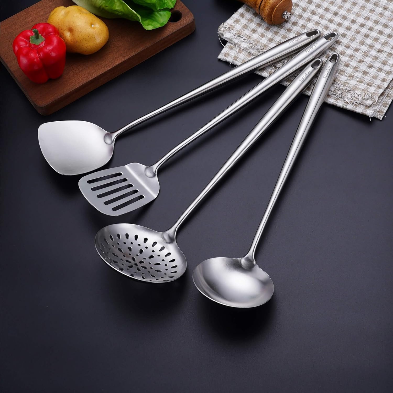 17” Wok Spatula and Ladle - 304 Stainless Steel Wok Tools Set, 2-Pieces Extra Long Handle Cooking Tools, All Metal Wok Utensils and Wok Accessories for Cast Iron/Carbon Steel Wok