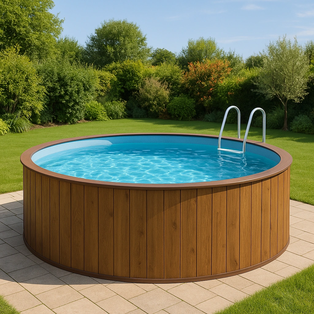 Piscina redonda de madera con escalera Azul/Madera Sintética Uso exterior Diámetro 460 cm Altura 120 cm
