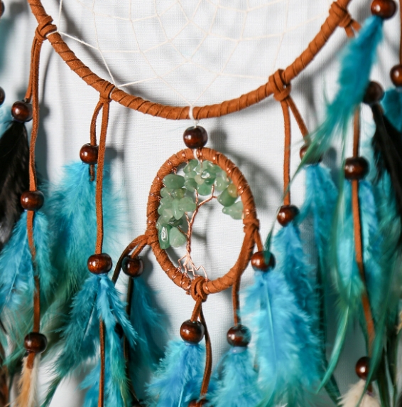 Vintage-style dreamcatcher ornament featuring a Tree of Life design and natural gemstone chips.
