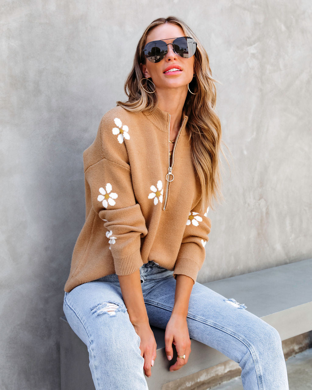 Prettiest Daisy Half Zip Pullover Sweater - Tan - Se7enfashion