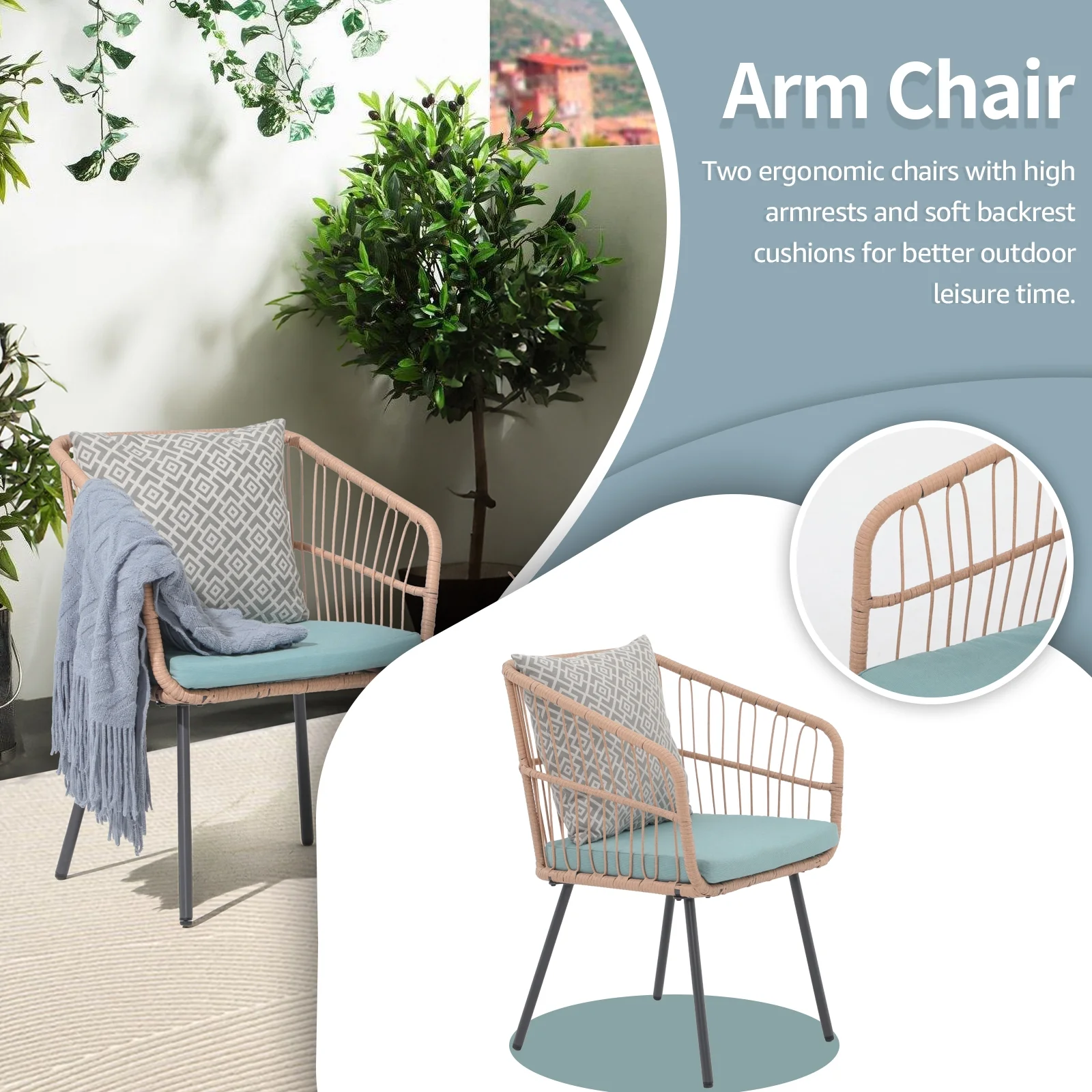 Patio Furniture Set, Betcozy3 Pieces Outdoor Chairs Set with Glass Coffee Table for Garden, Bistro, Porch, Balcony, Backyard - Image 16