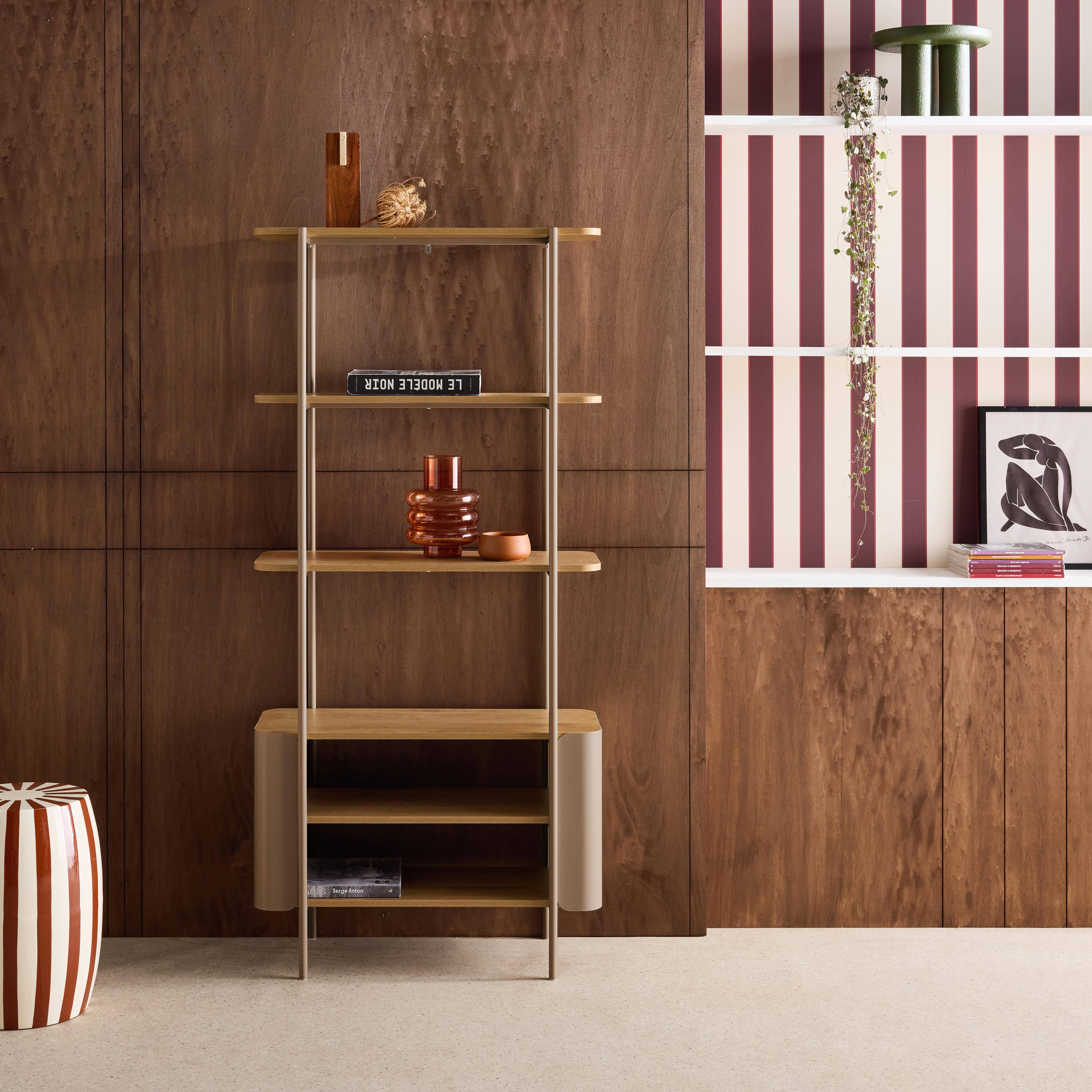 Molto - Estantería biblioteca de metal curvado y decoración de madera, 6 niveles