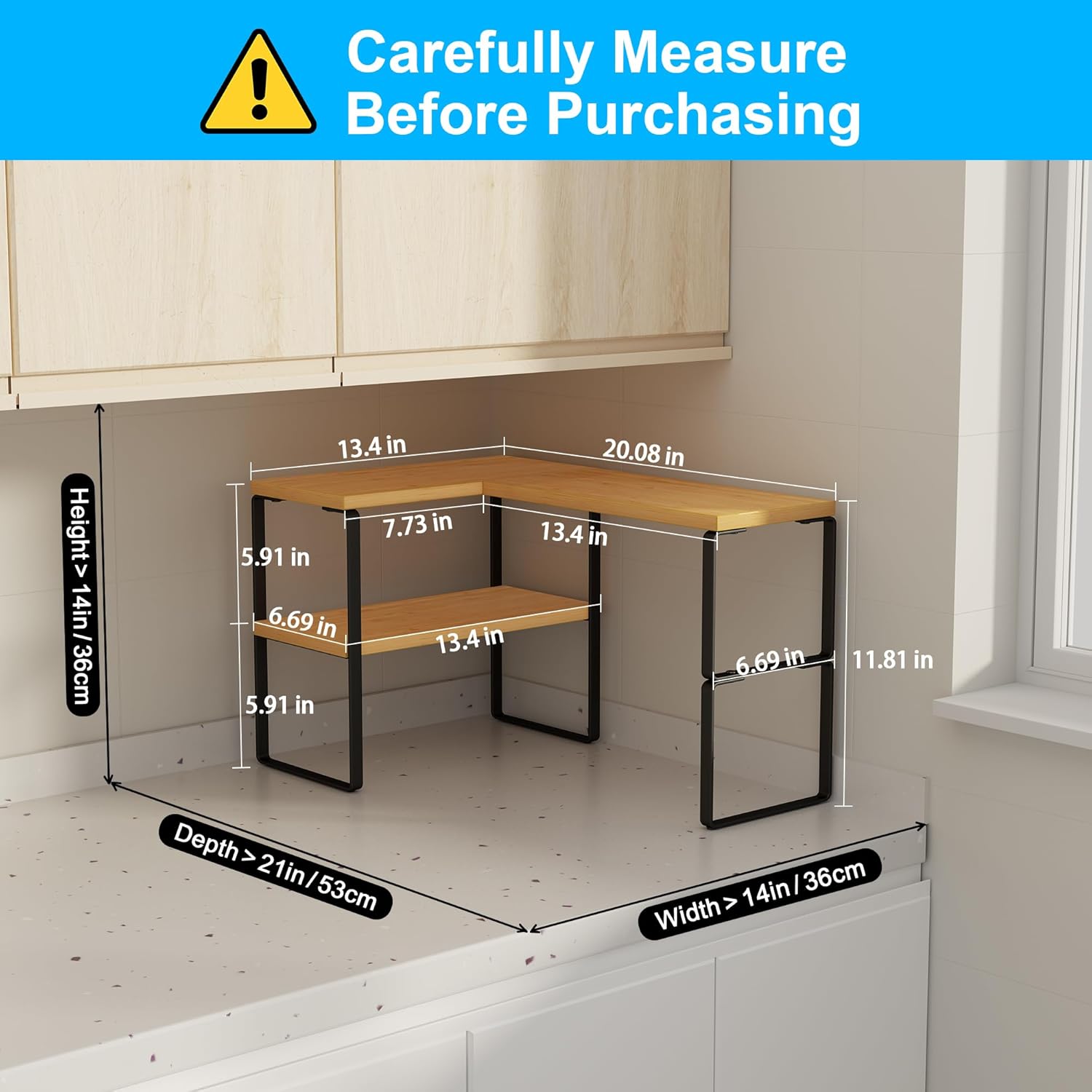 Golener Countertop Organizer Corner Shelf, 2-Tier Adjustable Stackable Corner Shelves for Kitchen, Spice Rack, Coffee Area, Over Sink, Bathroom, Dresser Table, Corner Counter Shelf Stand, Bamboo