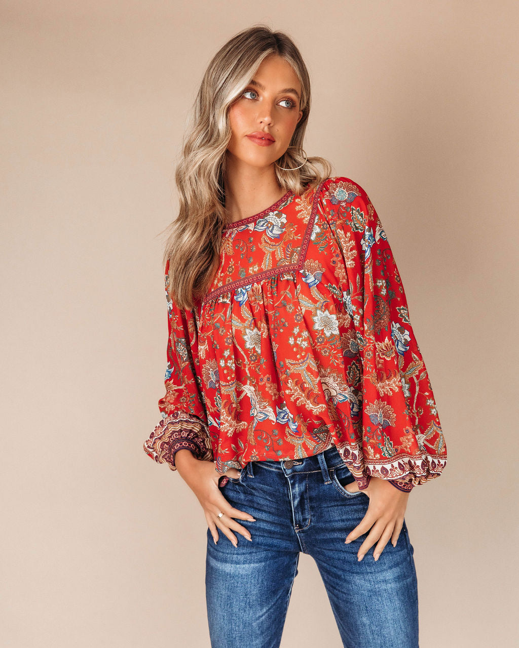 Aliana Foral Long Sleeve Top - Red - Se7enfashion