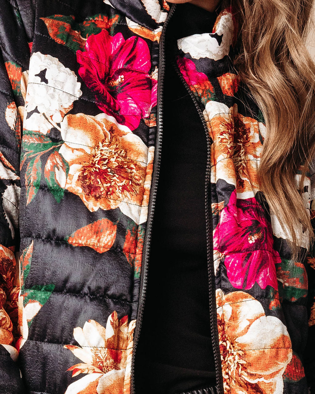 Stefani Floral Pocketed Quilted Jacket - Black - Se7enfashion