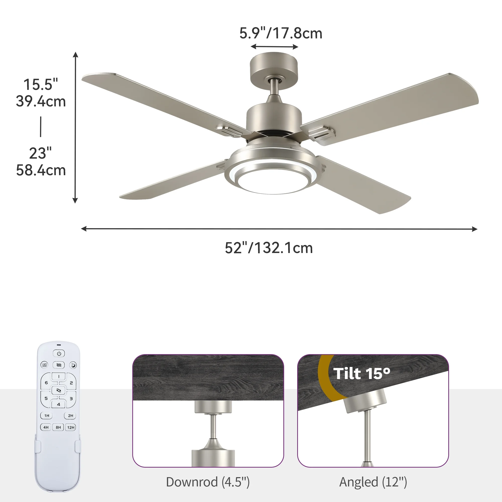 Dextrus 52'' Ceiling Fan with Light and Remote Control, 6 Speeds, 5 Timer Settings, and Dual-Finish Blades (Nickel) - Image 3