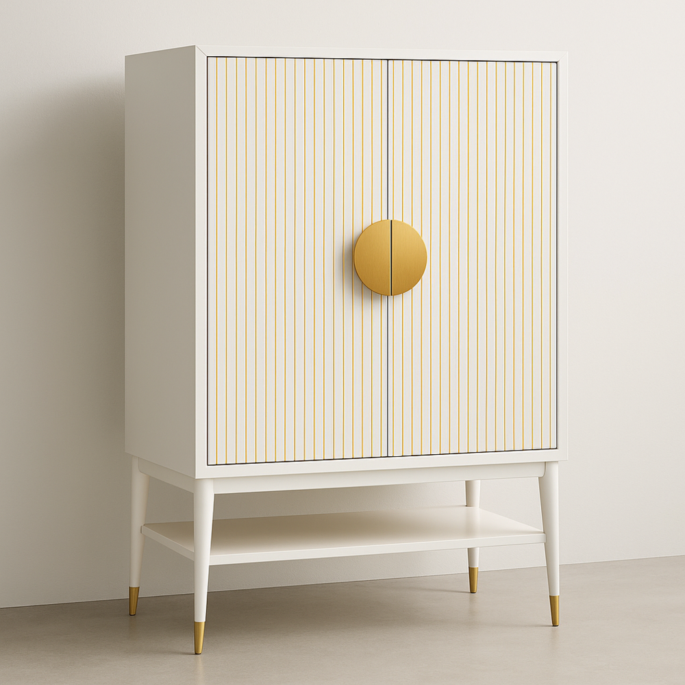 Armario de MDF con puertas con rayas y patas de madera maciza, 90x150x40 cm