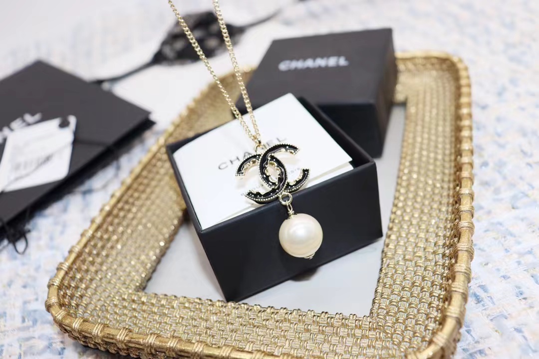 Chanel Black Double C Pearl Drop Pendant Necklace - Original Replica Club