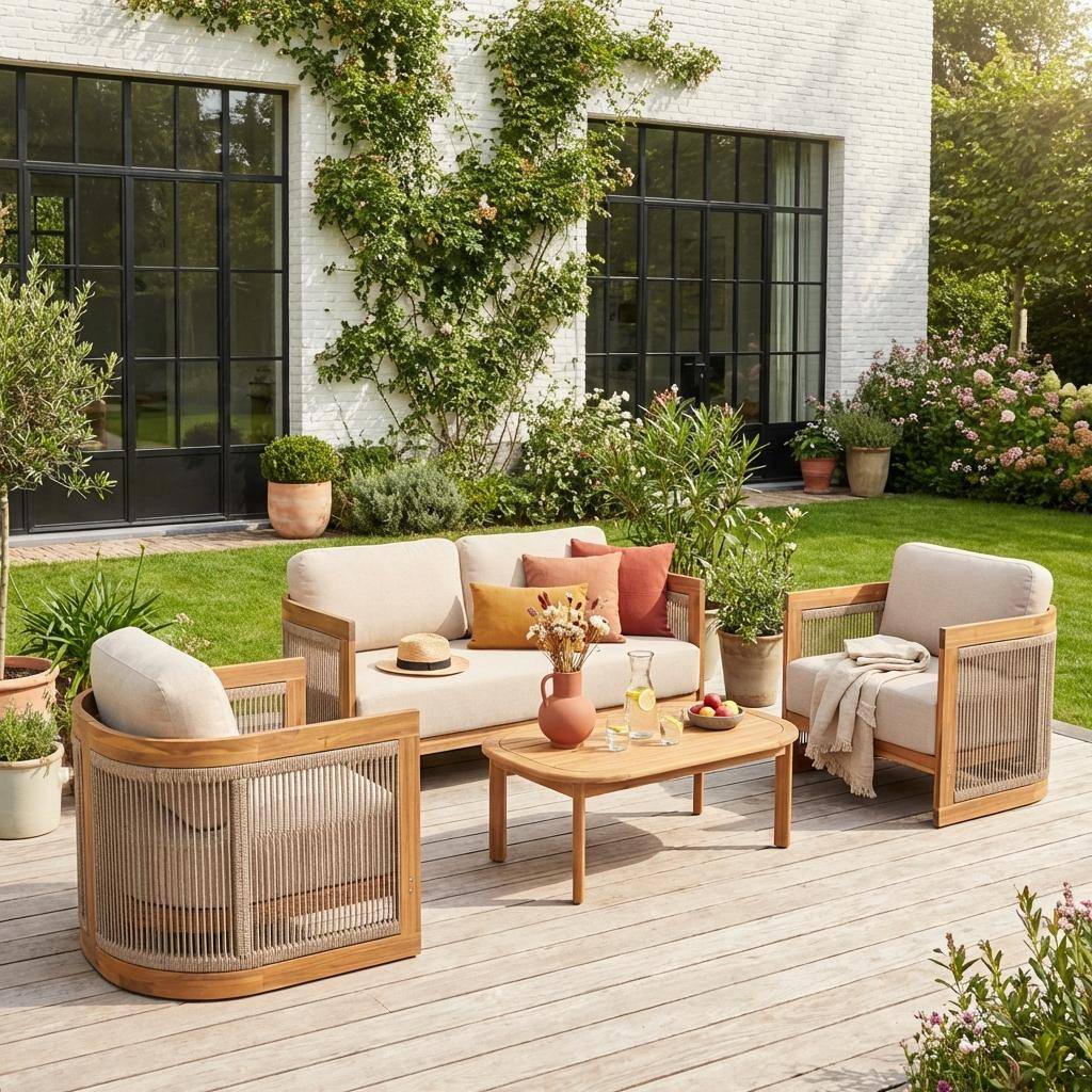 Maui - Conjunto de jardín de madera de acacia y cuerdas, 4 plazas