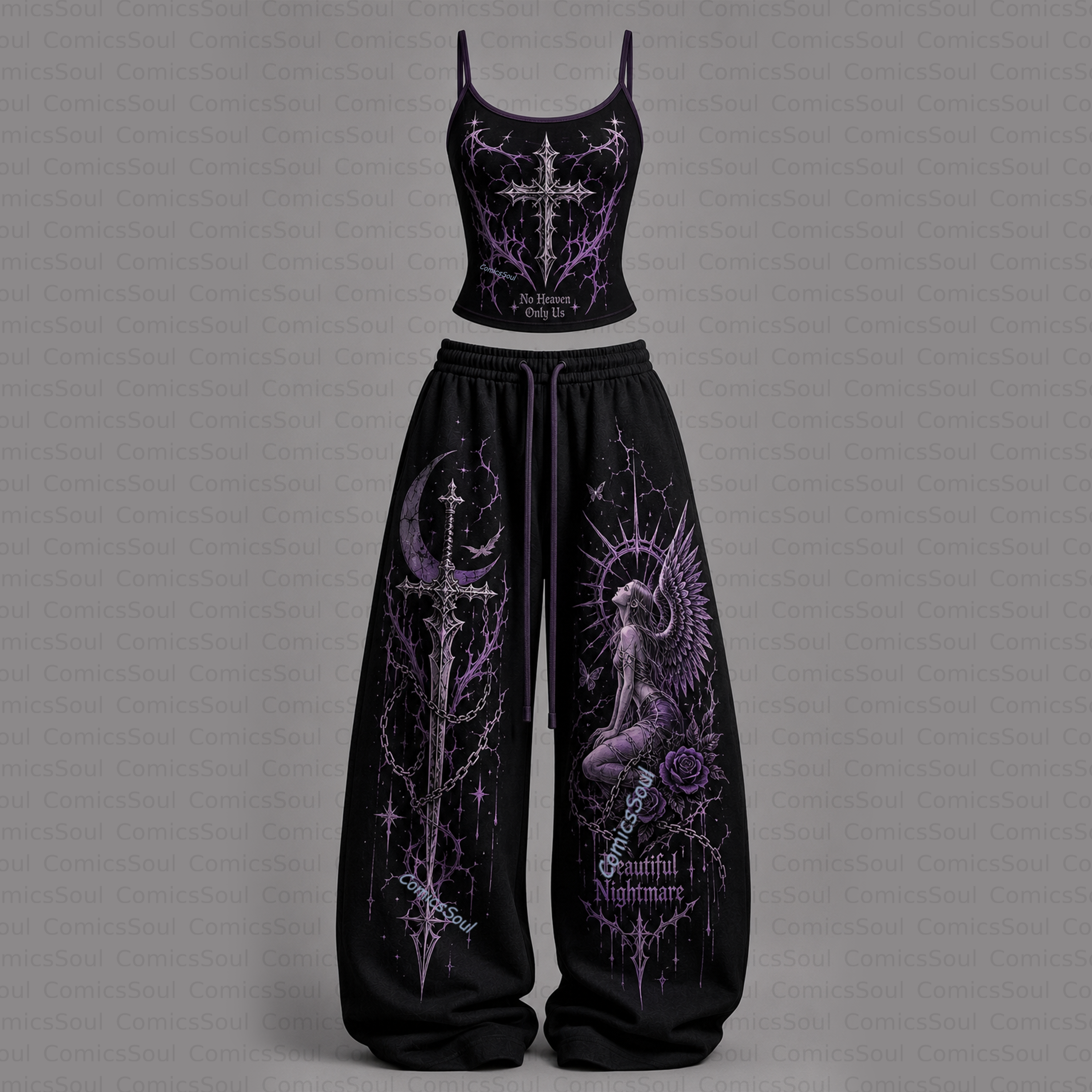 Gothic Heart Top & Elasticated Trousers Two-Piece Set
