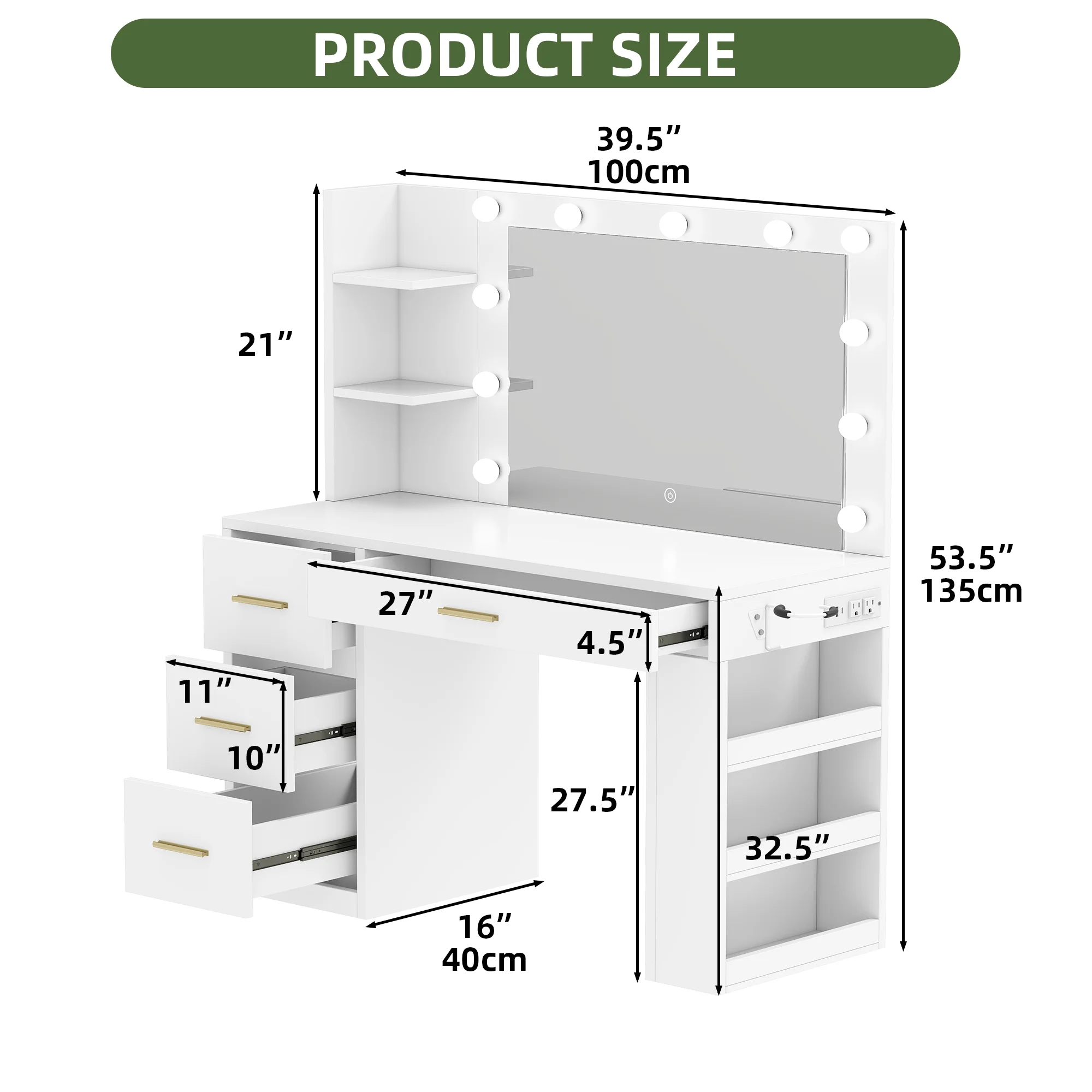 Uforic Makeup Vanity Desk with Mirror & Lights, Vanity Desk with 4 Drawers & Storage Shelves - White - Image 5