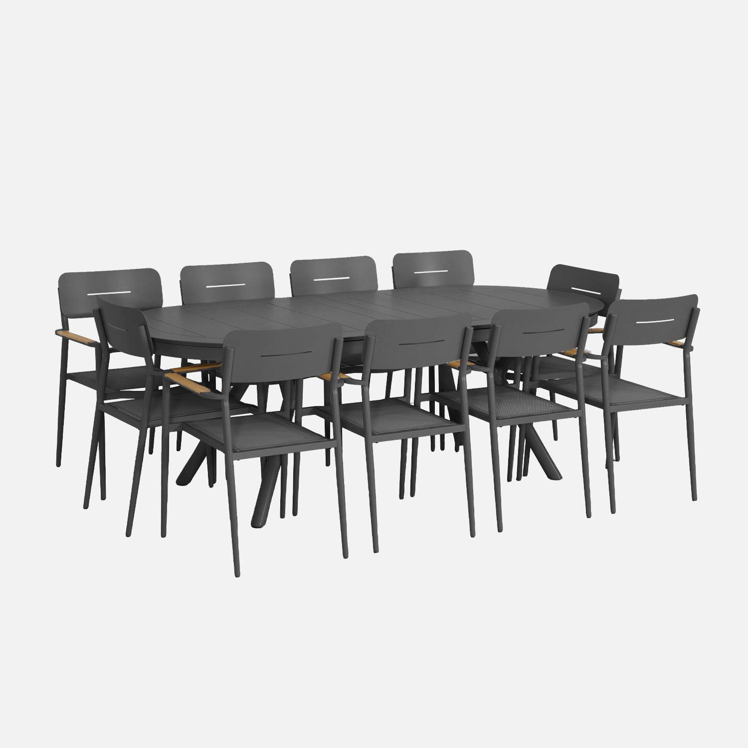 Metora + Fira - Conjunto mesa de jardín ovalada extensible de aluminio con 10 sillas