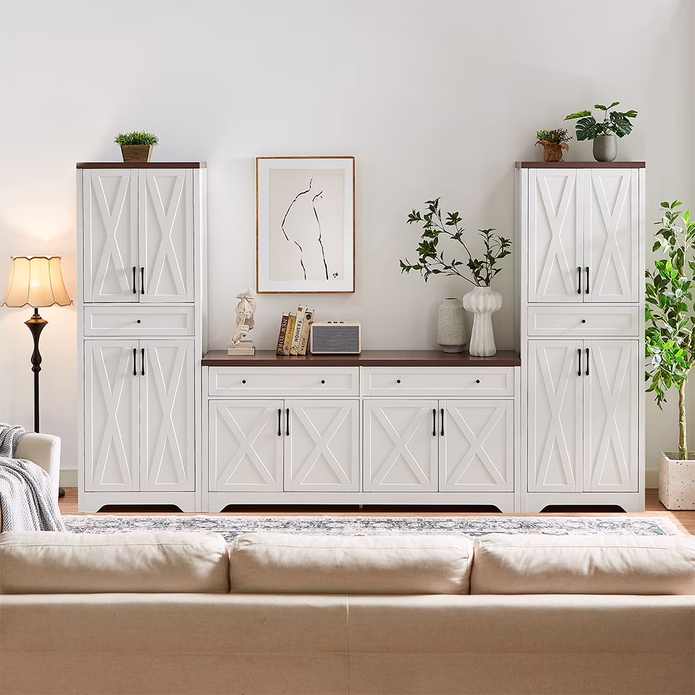 TrumanPick 61"H Large Buffet Sideboard Cabinet, TV Cabinet, Kitchen Pantry for Dining Room, Living Room, 61.3''L x 15''W x 29.8''H, White/Walnut - Image 11