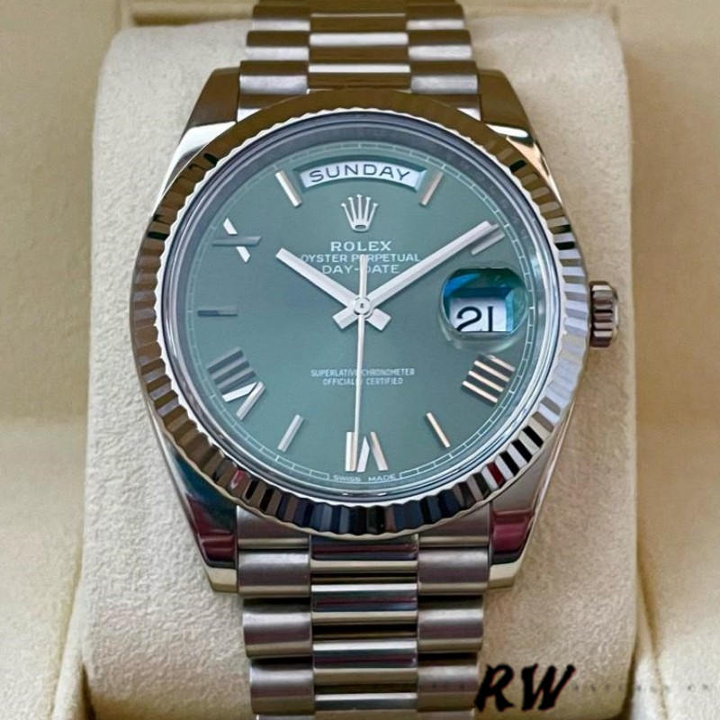 Rolex Day-Date 228239 Olive Green Roman Dial Fluted Bezel 40mm Mens Replica Watch