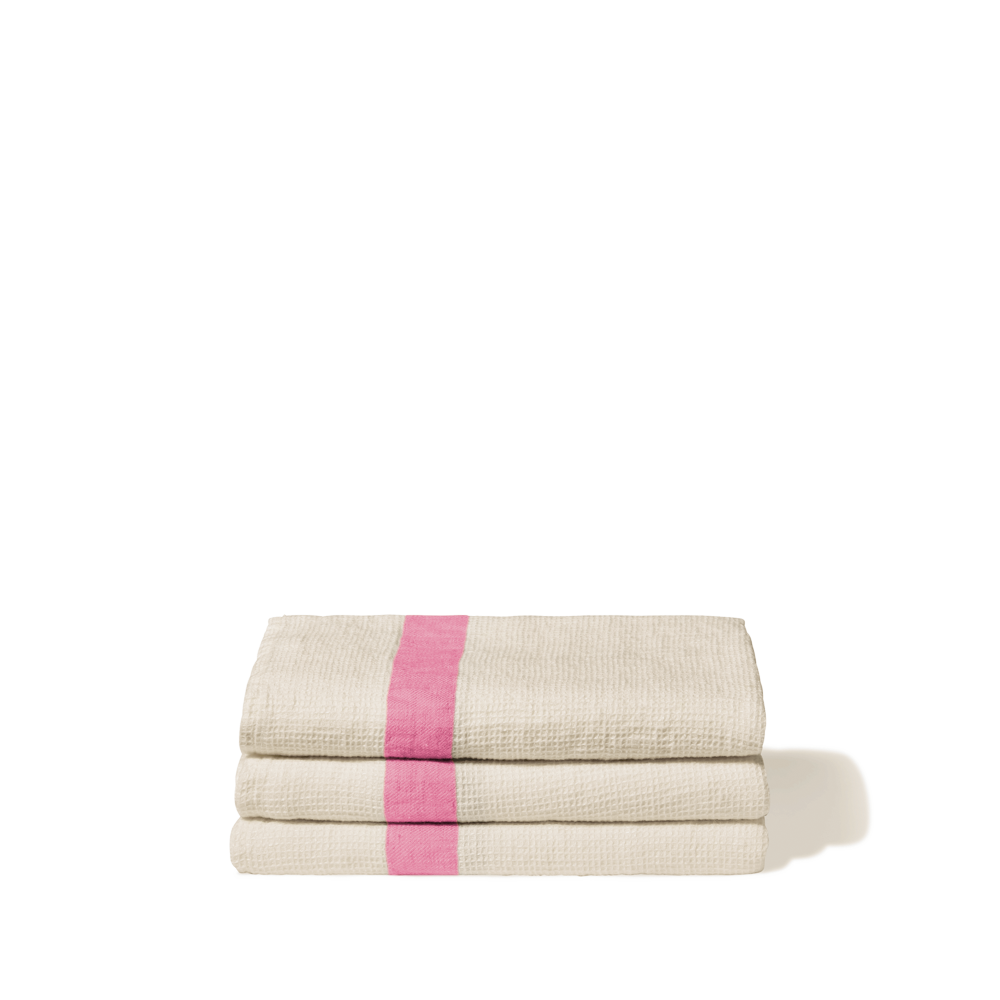 Serviette de bain en lin - Nid d'abeille - Bande Rose Garance