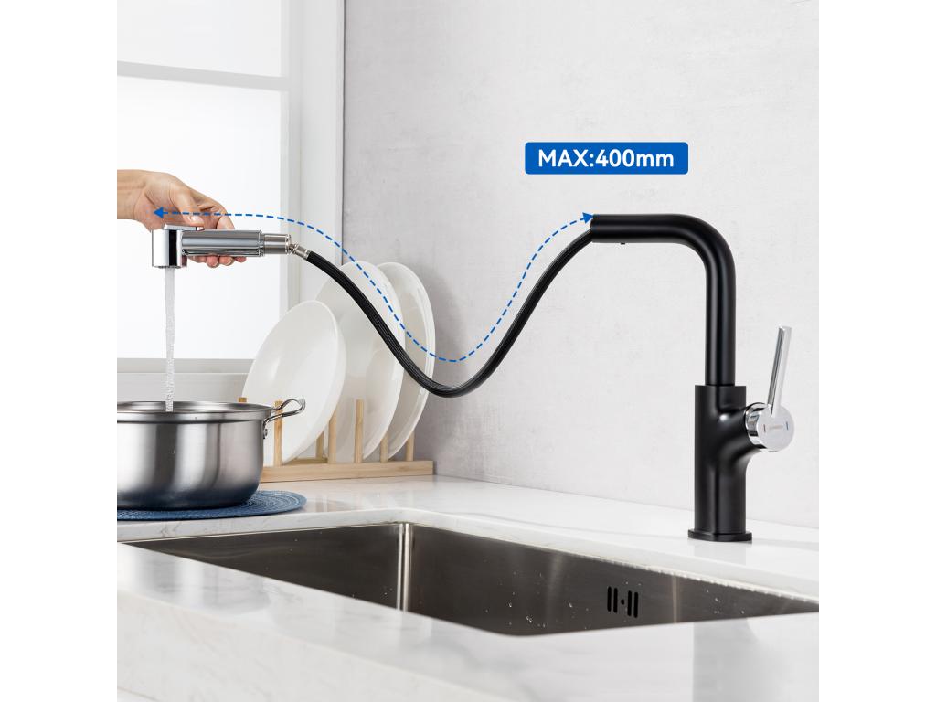 Laocacasas Grifo de Cocina Negro con 40 CM Ducha Extraíble Mezclador Cocina con 2 Jets Agua Fría y Caliente Mezclador de Fregadero Cocina,Modelo UE