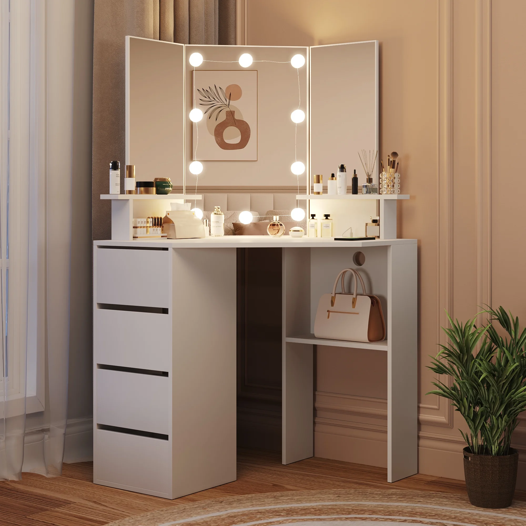 Veanerwood White Corner Vanity Desk with Mirror and Light,Makeup Table with 4 Drawers and Charging Station for Bedroom - Image 6