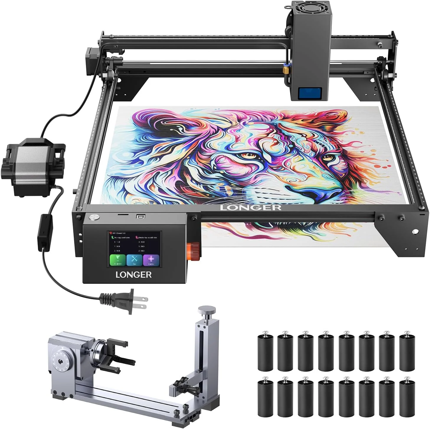 Longer RAY5 20W Laser Engraver with Air Assist Kit, 4-in-1 Rotary Roller, and 16 Pcs Raiser, High Precision Laser Cutter and Engraver for Wood, Metal, Acrylic, Cylindrical Objects, Tumblers