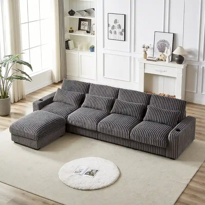 126W Large L-Shaped Corduroy Sofa with USB Charging Port