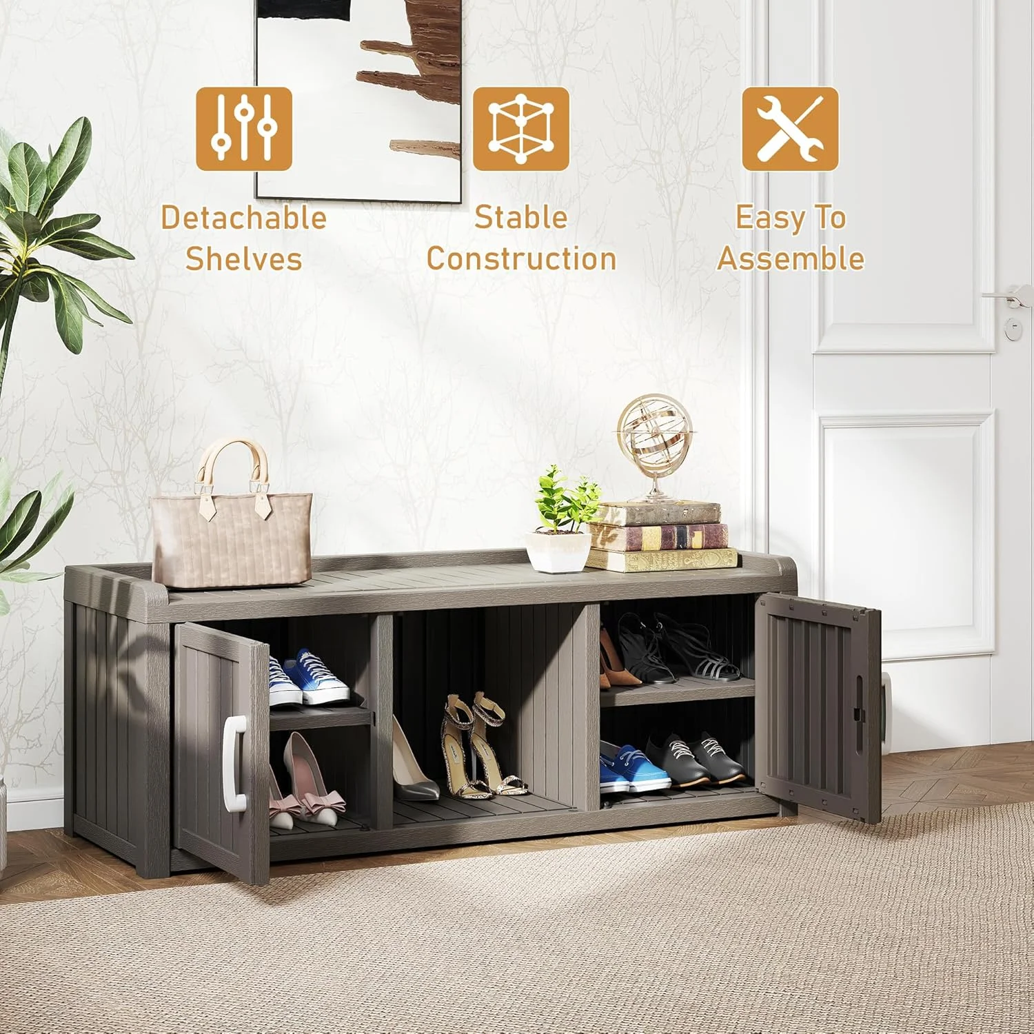 KAMABOKO Outdoor Shoe Storage Cabinet, Waterproof UV-Resistant Entryway Storage Bench Indoor Outdoor with 2 Barn Doors, Adjustable Shelves for Entryway, Bedroom, Hallway,Living Room(Black) - Image 26