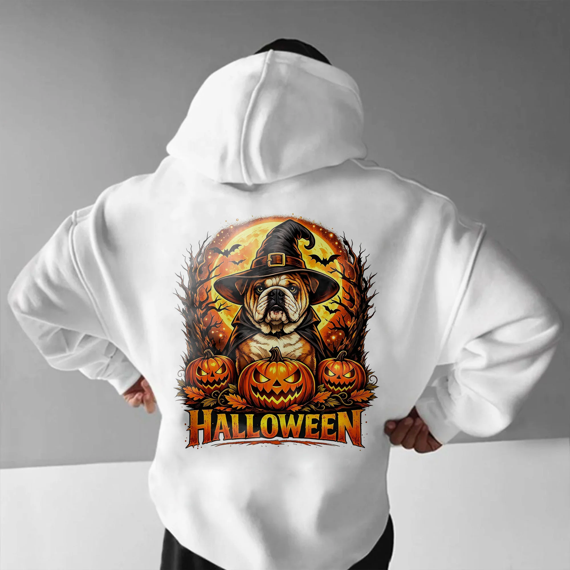 Unisex Halloween Bulldog Hoodie – Cute Witch Dog Pumpkin Graphic Black Pullover Hoodie TeeThreads Sustain the Scene with Custom Apparel