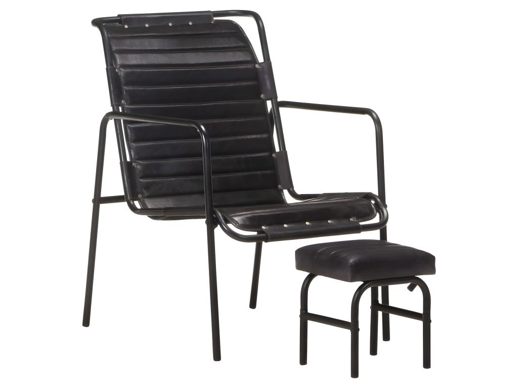 Sillón de relajación con reposapiés Negro Cuero auténtico