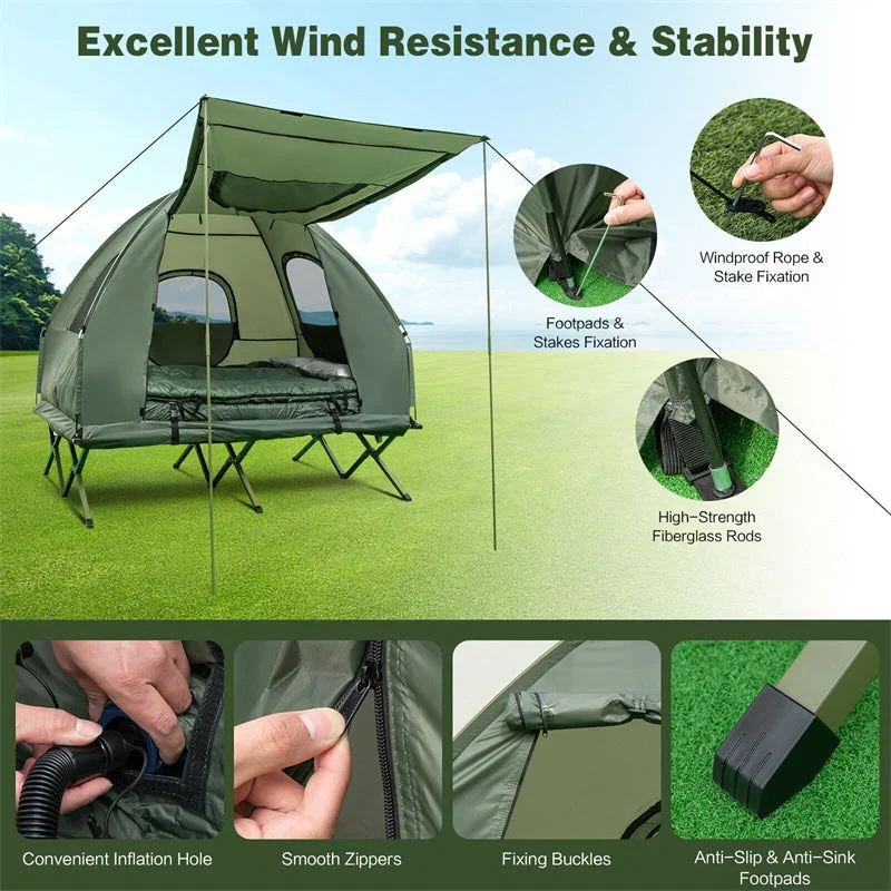 5-in-1 2-Person Portable Camping Tent Cot With Air Mattress, Sleeping Bags And Sunshade - Green & Blue - Image 7 5-in-1 2-Person Portable Camping Tent Cot With Air Mattress, Sleeping Bags And Sunshade - Green & Blue - Image 7