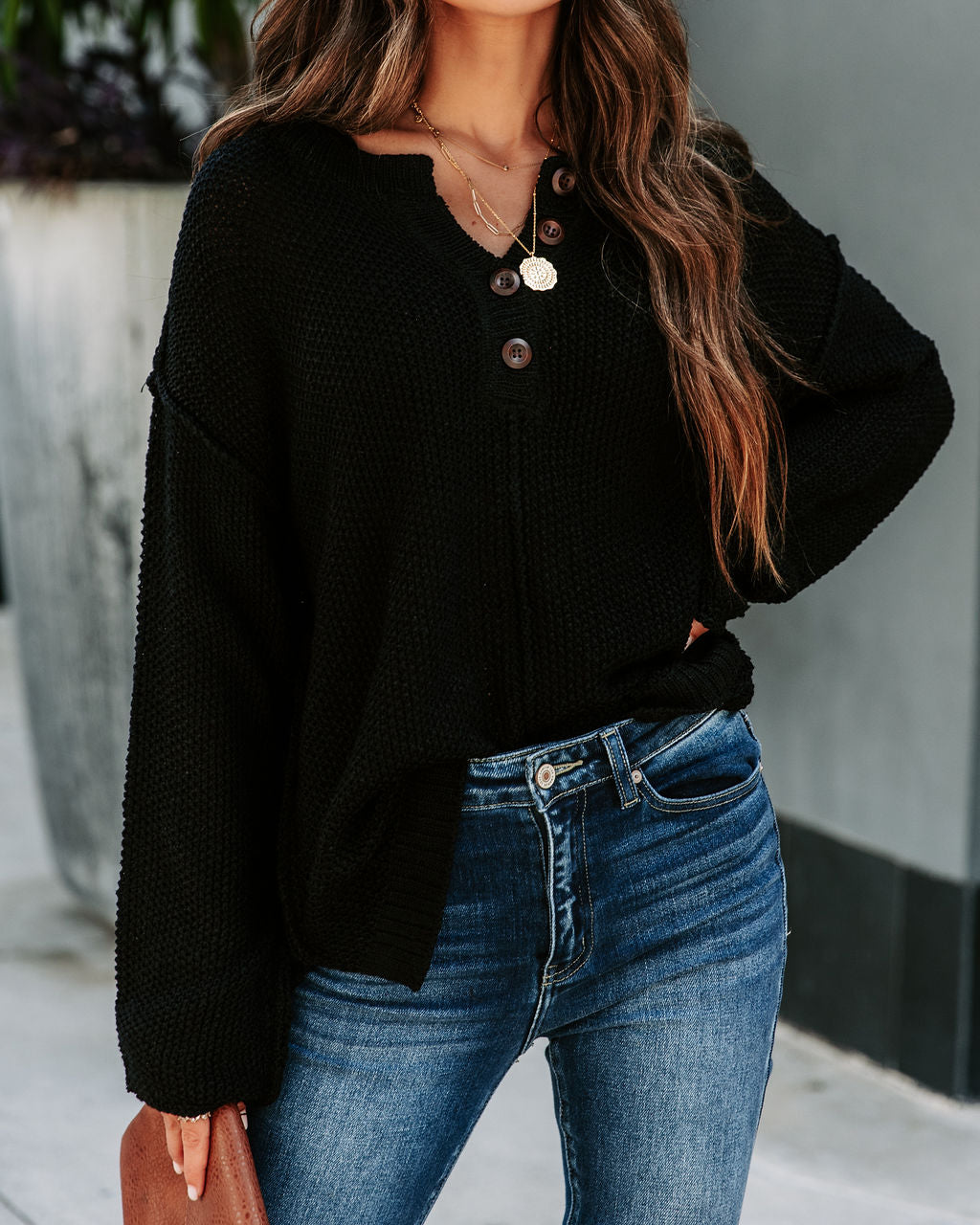 Stacey Knit Henley Sweater - Black - Se7enfashion