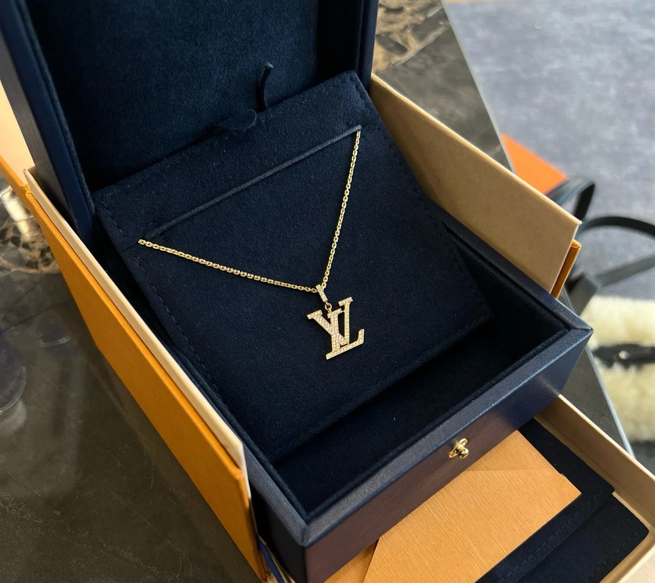 Louis Vuitton Full Diamond Paved LV Pendant Necklace - Original Replica Club