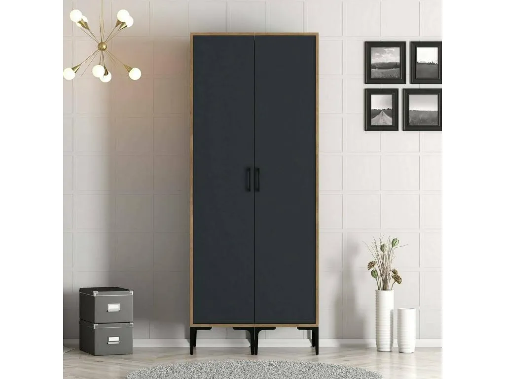 Armario 2 puertas Lluesmamuebles Muebles de dormitorio Vestidor Armario de ropa 80x201h48 cm Nogal y Antracita