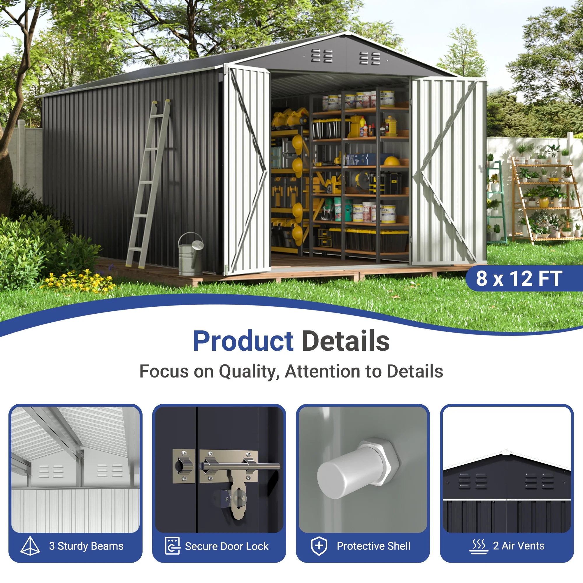 NETAJE 8x12 FT Outdoor Metal Shed with Updated Aluminum Frame, Storage Shed with Lockable Doors & Sliding Roof for Backyard, Garden, Gray - Image 7