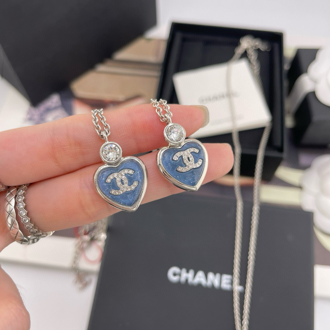 Chanel Blue Love Heart Necklace and Earrings - Original Replica Club